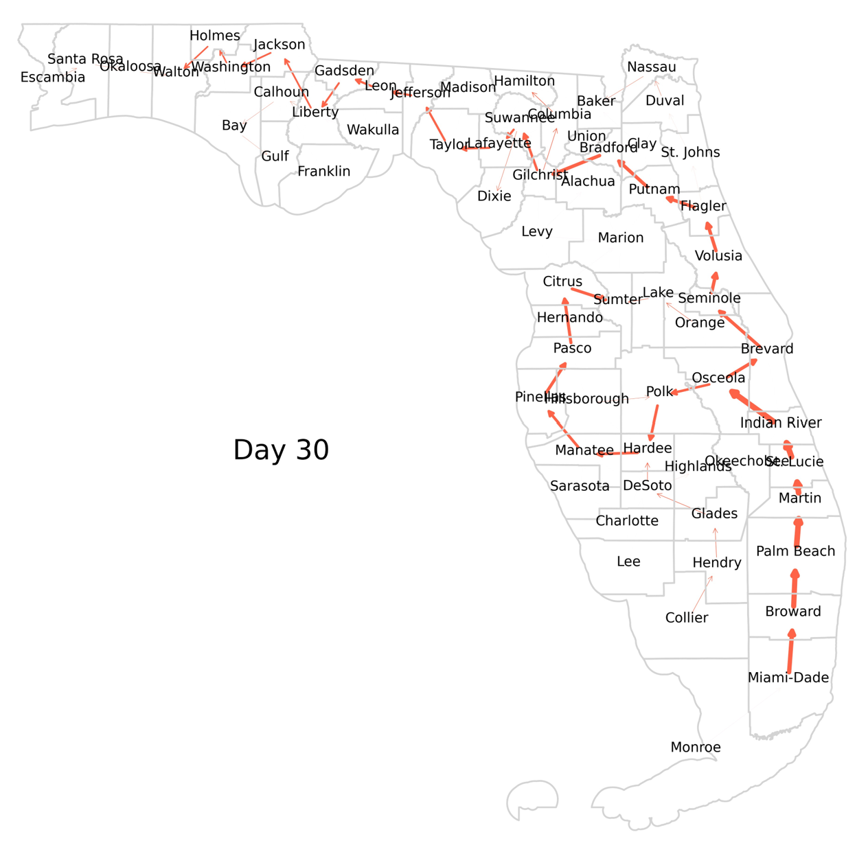 Florida county patient allocation map from the SIRV pandemic model